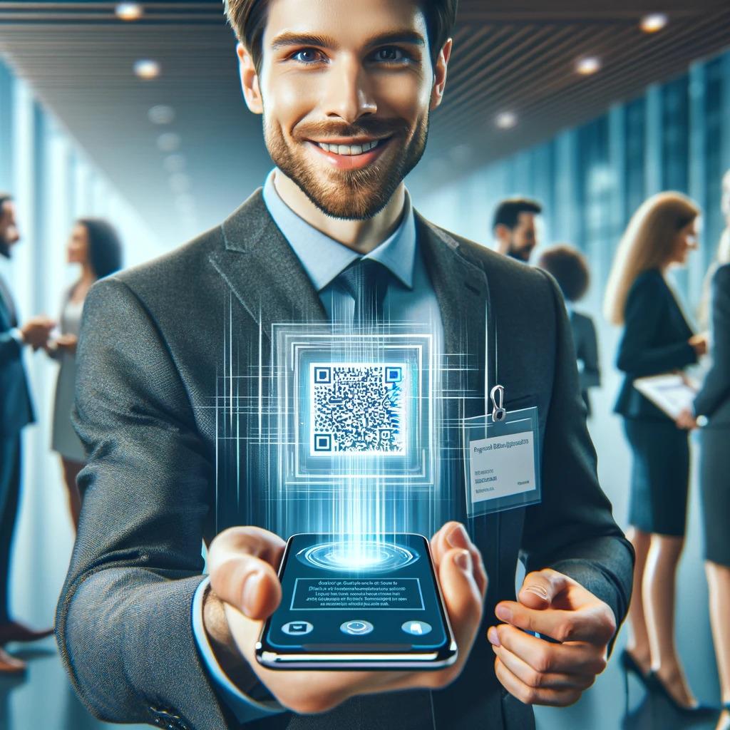 man-holding-digital-business-cards-in-networking-event